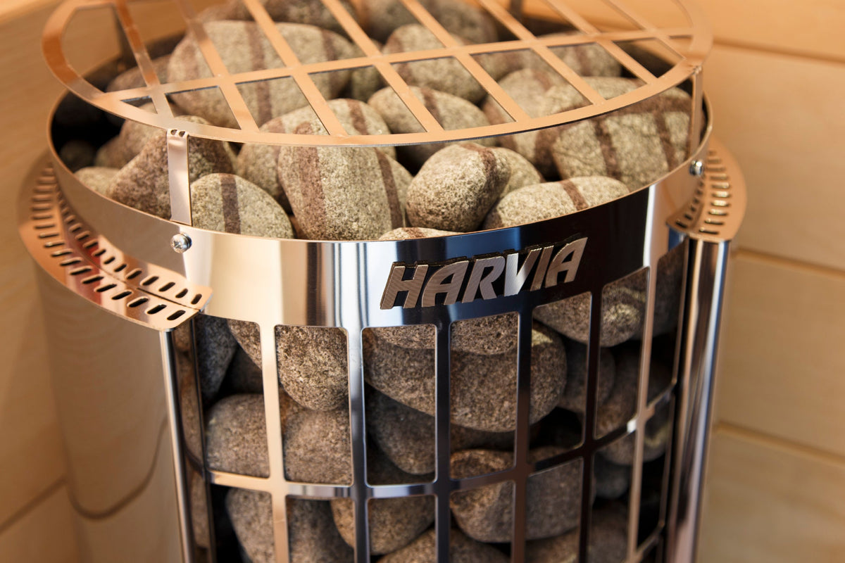 Harvia Cilindro Half PC80 - stone basket and Harvia logo detail