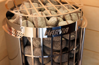 Harvia Cilindro Half PC80 - stone basket and Harvia logo detail