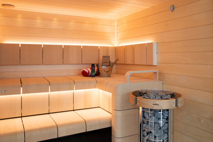 Harvia Cilindro Half PC80 - sauna interior wide view with safety railing