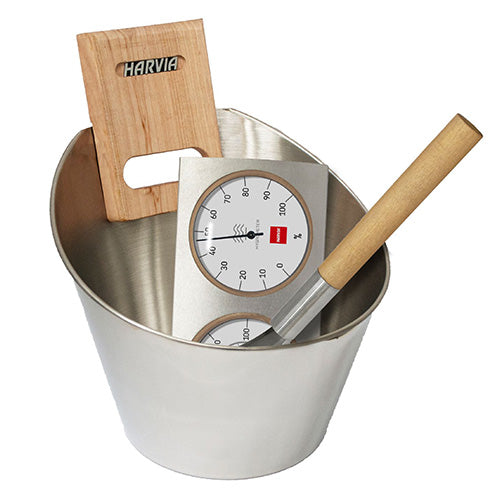Harvia Sauna Accessory Set - Steel Bucket and Ladle w/ Thermometer and Hygrometer