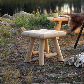 Canadian Timber cedar table / stool beside a lake