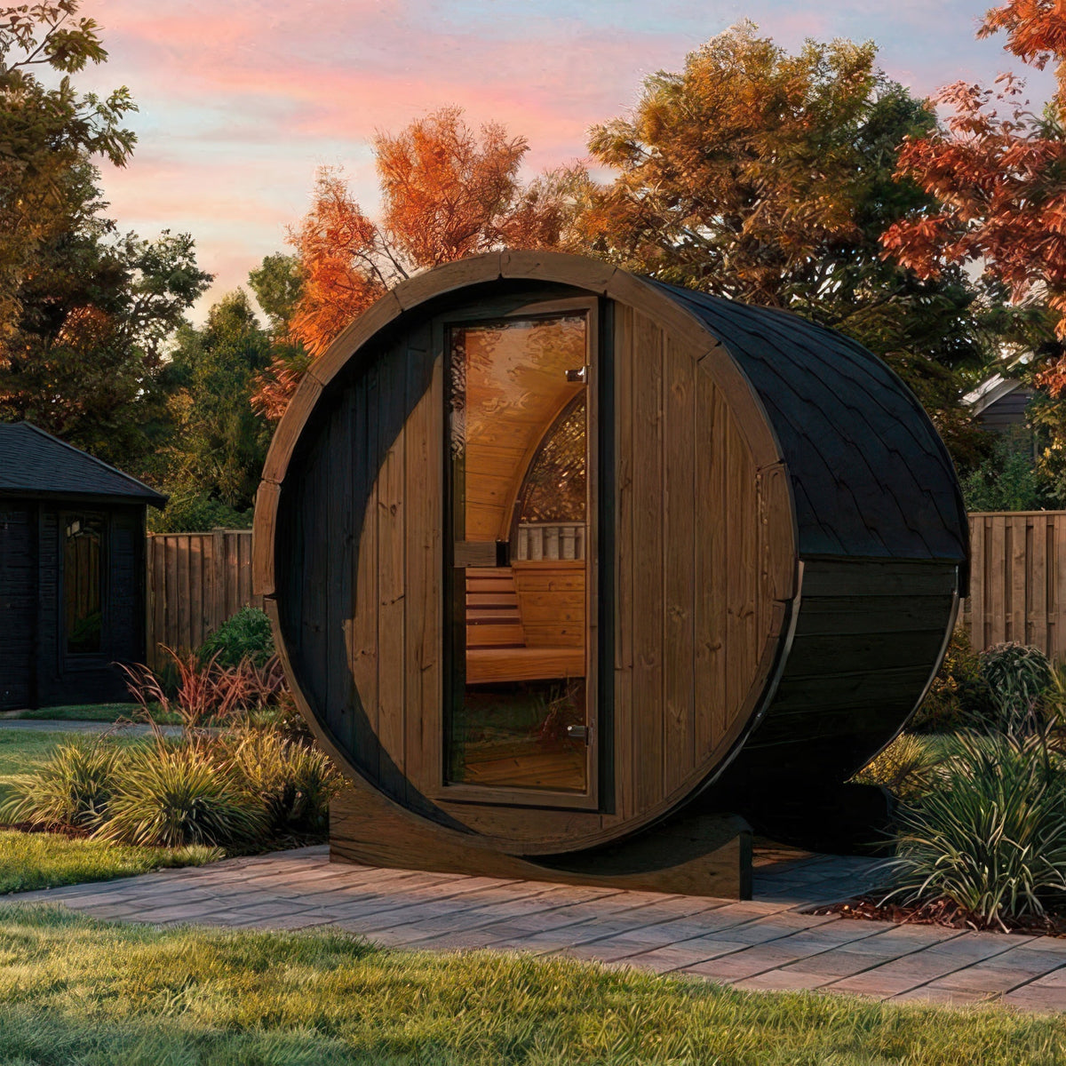 SaunaLife Model E6WB Ergo Series Outdoor Sauna Barrel Kit in black, view 7