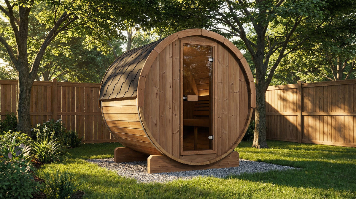 SaunaLife Ergo E7 Barrel Sauna - backyard setting