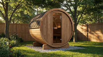 SaunaLife Ergo E7 Barrel Sauna - backyard setting