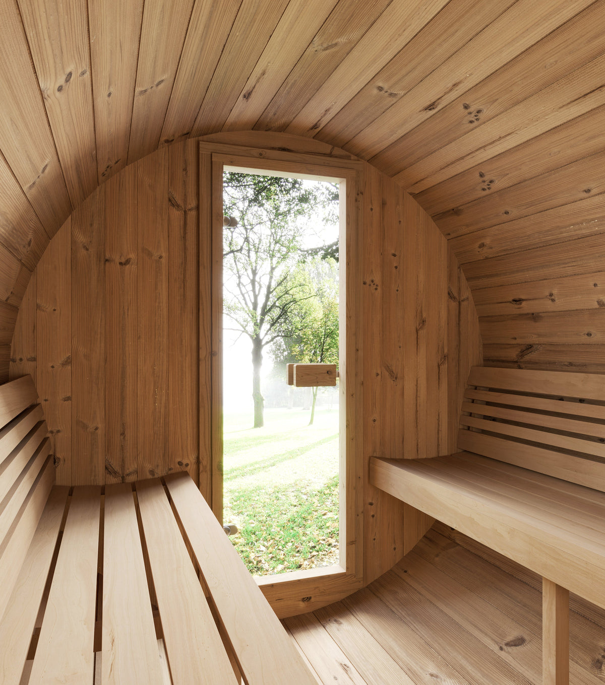 SaunaLife Ergo E7 Barrel Sauna - interior benches and window