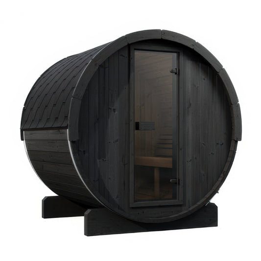 SaunaLife Model E7B Ergo Series Outdoor Sauna Barrel Kit in black, view 1