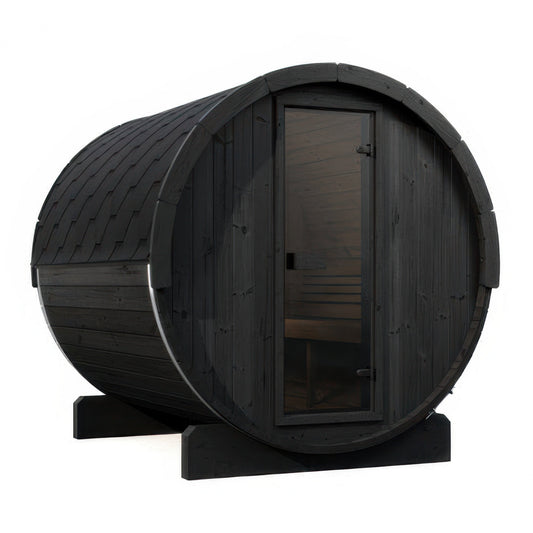 SaunaLife Model E8B Ergo Series Outdoor Sauna Barrel Kit in black, view 1