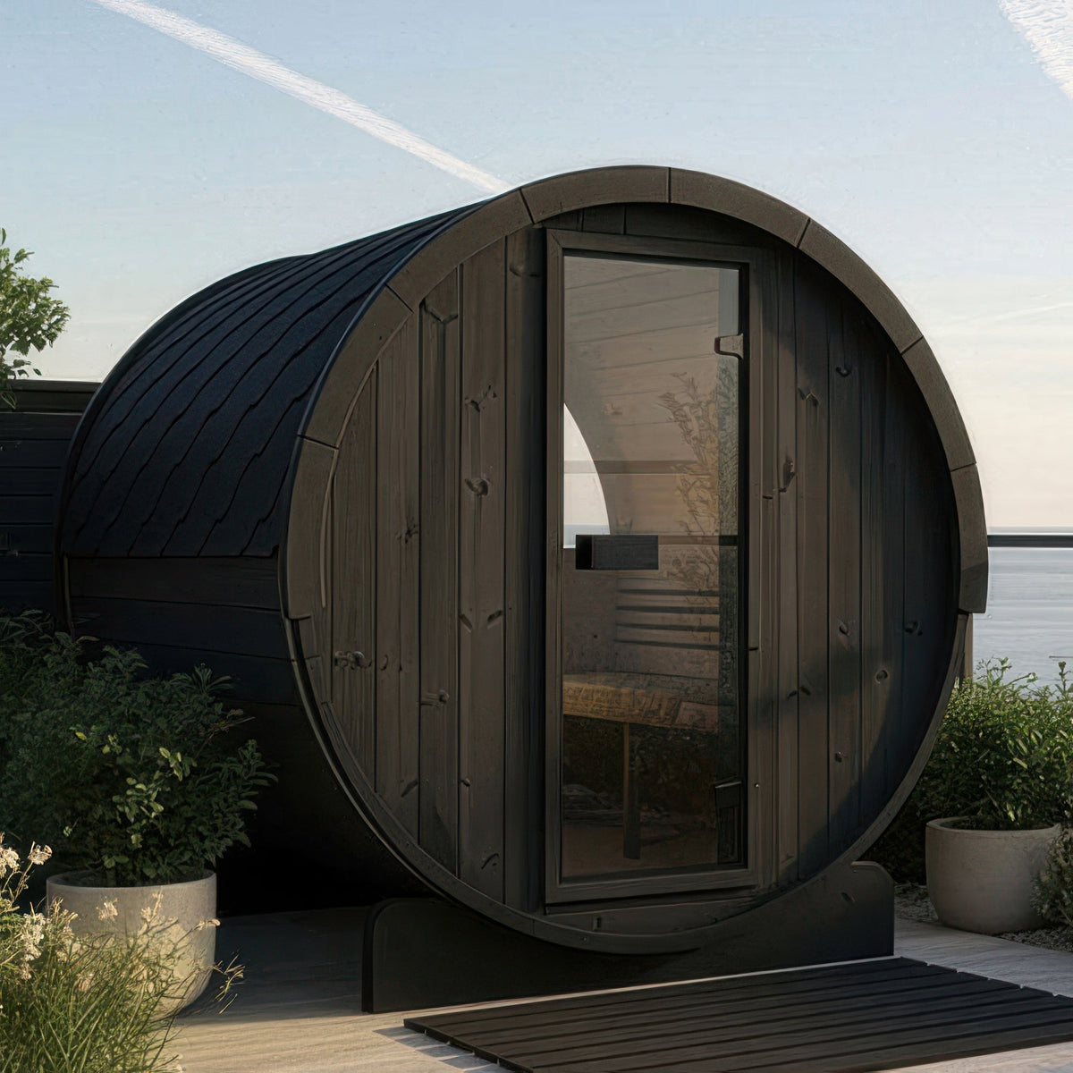 SaunaLife Model E8WB Ergo Series Outdoor Sauna Barrel Kit in black, view 2