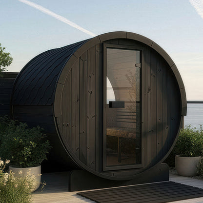 SaunaLife Model E8WB Ergo Series Outdoor Sauna Barrel Kit in black, view 2