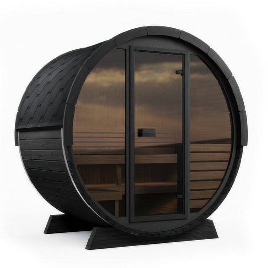 SaunaLife Model EE6GB Ergo Elegance Series Outdoor Sauna Barrel Kit in black, view 1