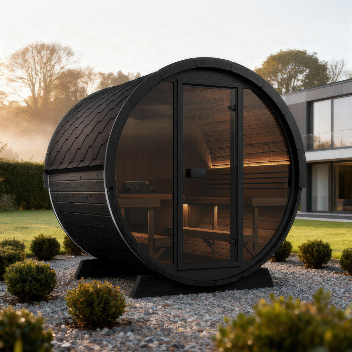 SaunaLife Model EE8GB Ergo Elegance Series Outdoor Sauna Barrel Kit in black, view 2