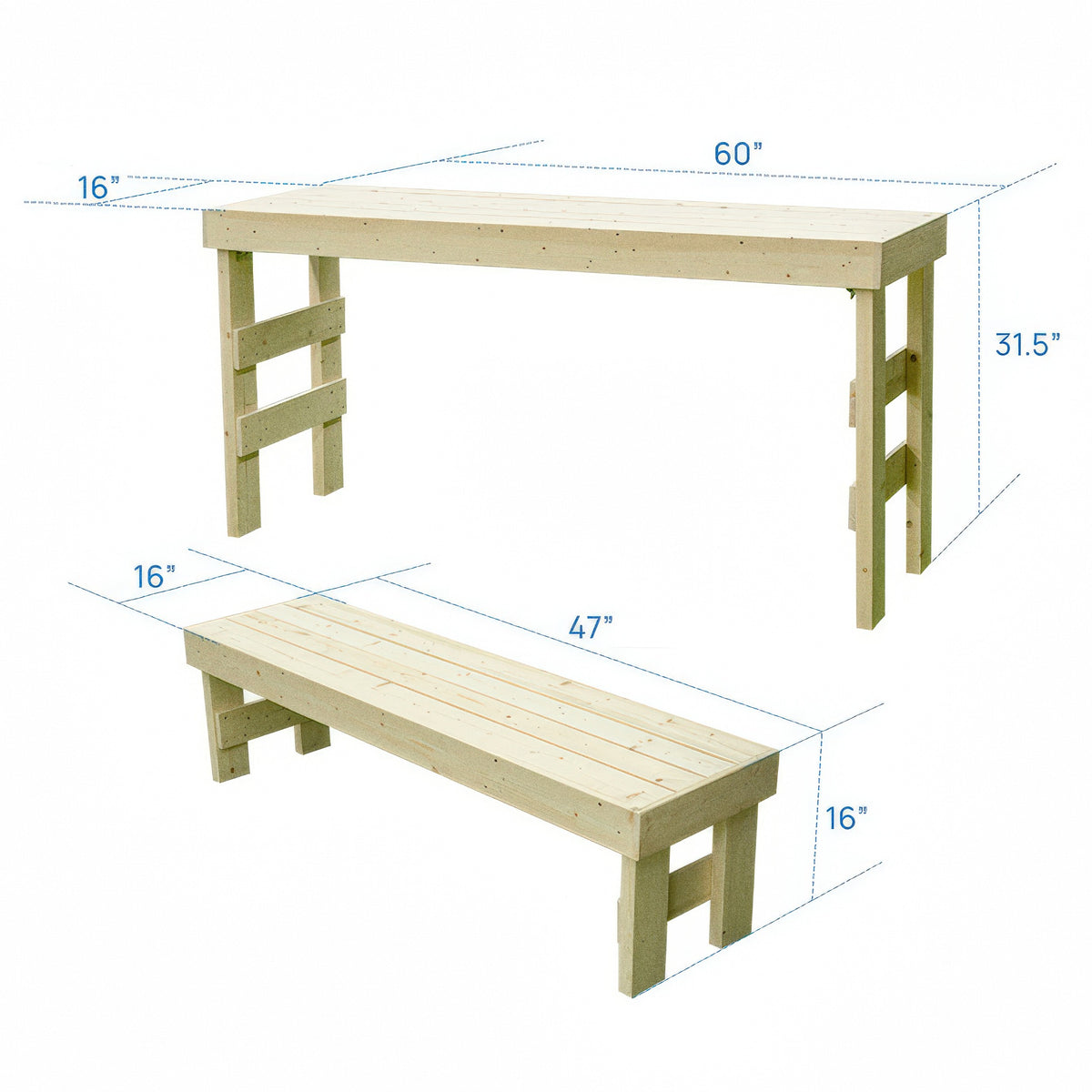 SaunaTrekker bench dimensions: upper bench 60 x 16 x 31.5 in, lower bench 47 x 16 x 16 in