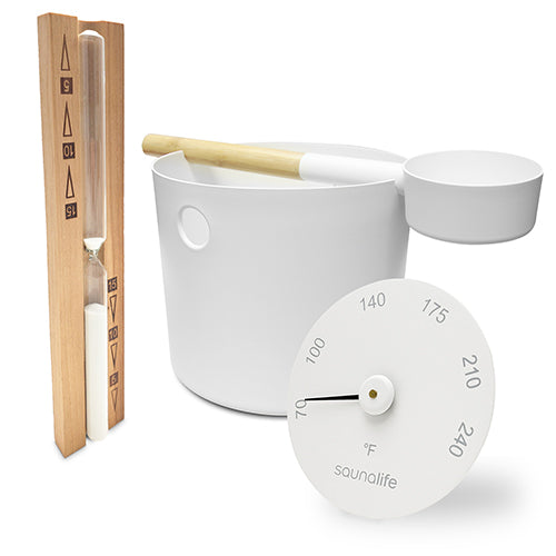 SaunaLife Essentials Set 2 - Aluminum Sauna Bucket and Ladle Set w/ Sand Timer and Thermometer