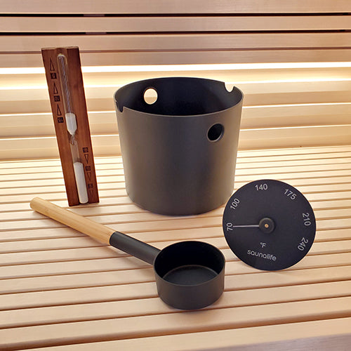 SaunaLife Essentials Set 2 - Aluminum Sauna Bucket and Ladle Set w/ Sand Timer and Thermometer — view 2
