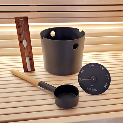 SaunaLife Essentials Set 2 - Aluminum Sauna Bucket and Ladle Set w/ Sand Timer and Thermometer — view 2