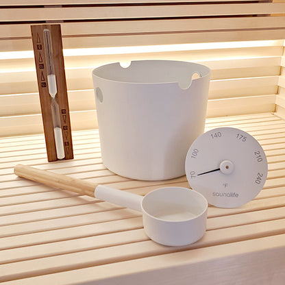 SaunaLife Essentials Set 2 - Aluminum Sauna Bucket and Ladle Set w/ Sand Timer and Thermometer — view 3