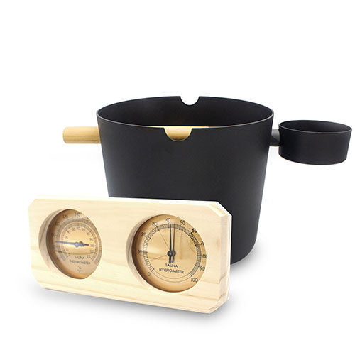 SaunaLife Essentials Set 7 - Aluminum Sauna Bucket and Ladle Set w/ Wood Thermometer and Hygrometer