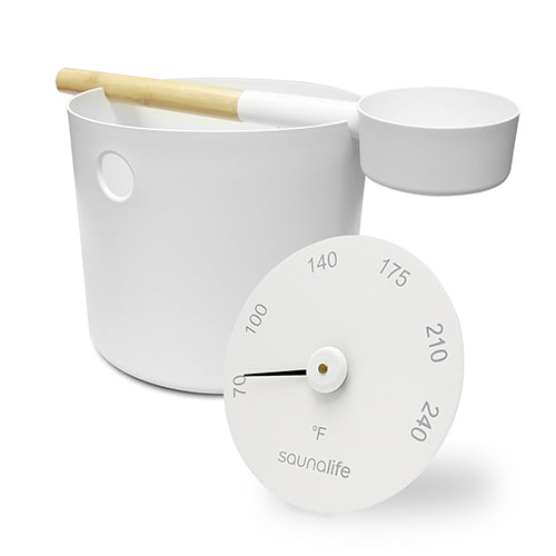 SaunaLife Essentials Set 6 - Aluminum Sauna Bucket and Ladle Set w/ Thermometer