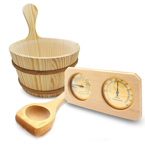 SaunaLife Essentials Set 8 - Wood Sauna Bucket and Ladle Set w/ Thermometer and Hygrometer