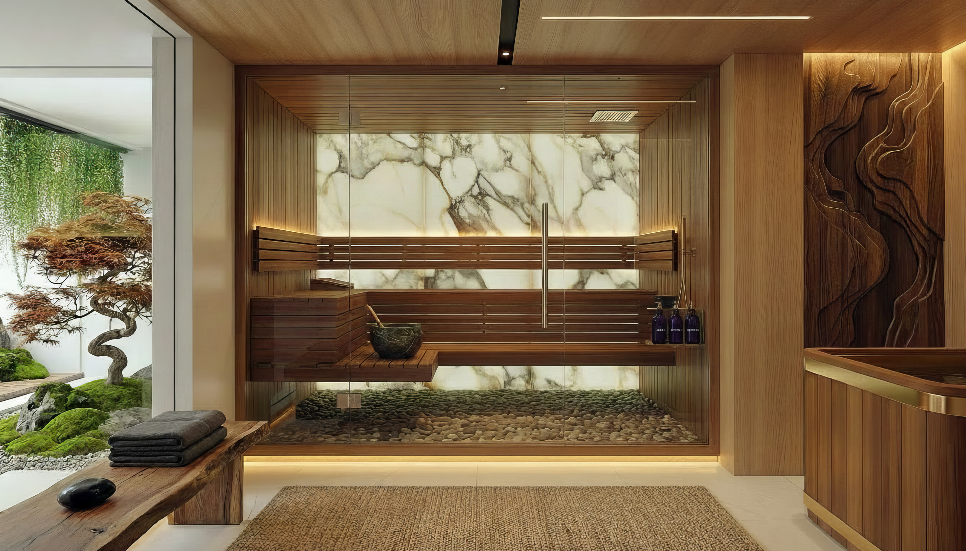 Finished home sauna interior with tiered cedar benches and integrated lighting