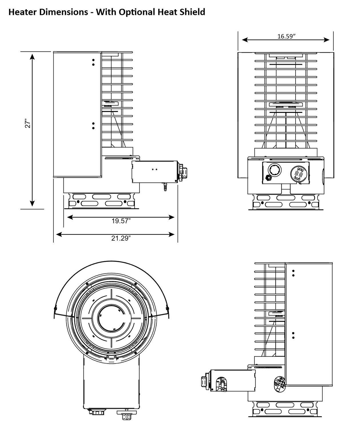 SaunaLife Titan SL1 dimension drawing with the optional heat shield: 16.59 in wide, 21.29 in deep, 27 in tall