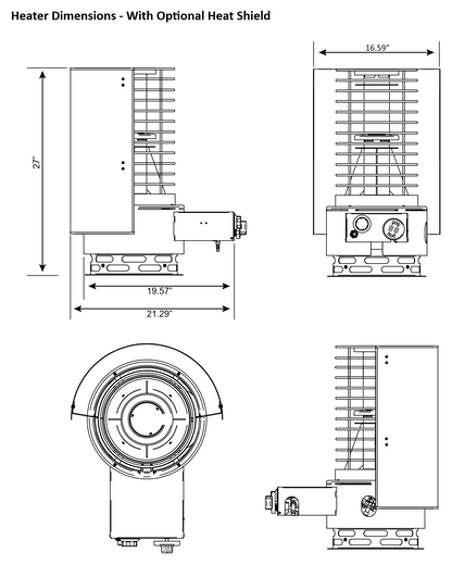 SaunaLife Titan SL1 dimension drawing with the optional heat shield: 16.59 in wide, 21.29 in deep, 27 in tall