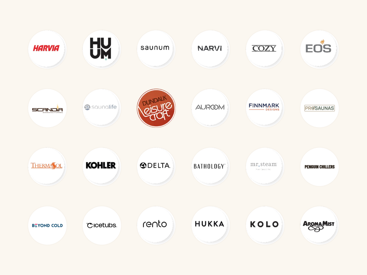 Logos of the 24 sauna, steam and cold plunge brands Plunge Into Saunas is an authorized dealer for