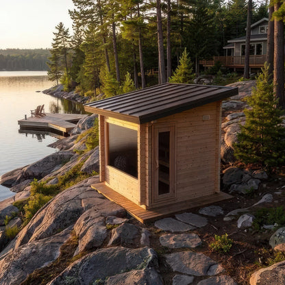 Canadian Timber Avalon outdoor sauna on lakeside rock showing the black standing seam metal roof and its overhang