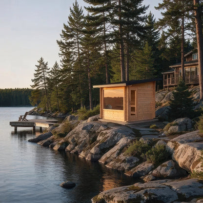 Canadian Timber Avalon cedar sauna at dusk on a rocky shoreline beside a dock and cottage