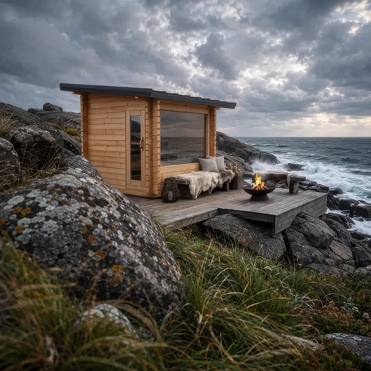 Canadian Timber Avalon outdoor sauna on a coastal deck with a fire bowl and bench under a stormy sky