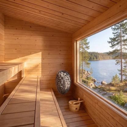 Canadian Timber Avalon sauna interior showing the three-tier cedar benches, the heater and the picture window over the lake