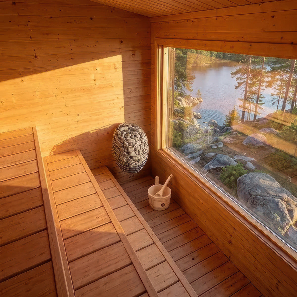 Canadian Timber Avalon sauna interior in afternoon light with a cedar bucket and ladle beside the heater