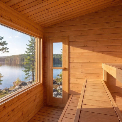 Canadian Timber Avalon sauna interior looking toward the glass door and the tempered glass window