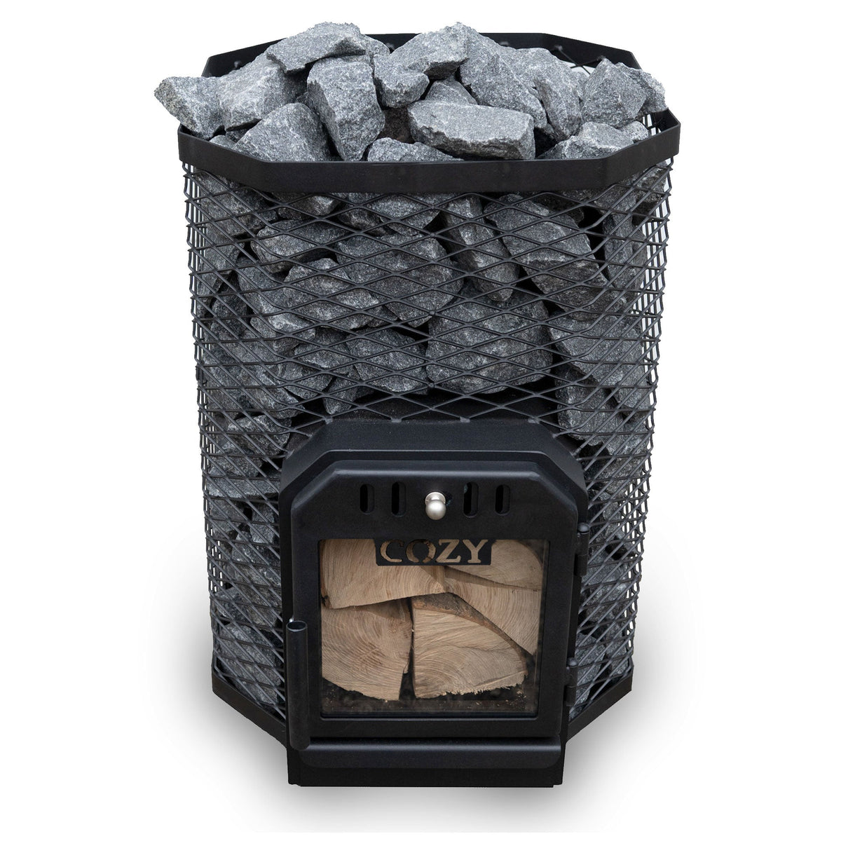 Cozy Heat 18kW wood-burning sauna stove loaded with stones