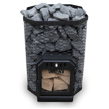 Cozy Heat 18kW wood-burning sauna stove loaded with stones
