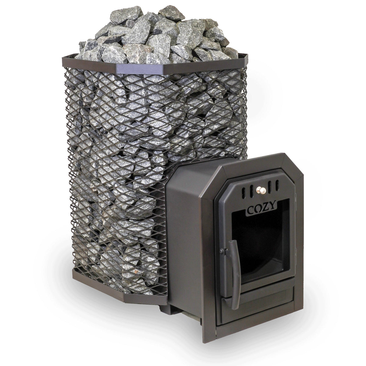 Cozy Heat 18kW through-wall wood-burning sauna stove, angle view