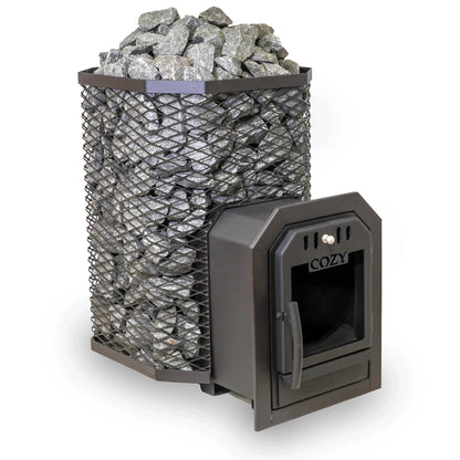 Cozy Heat 18kW through-wall wood-burning sauna stove, angle view