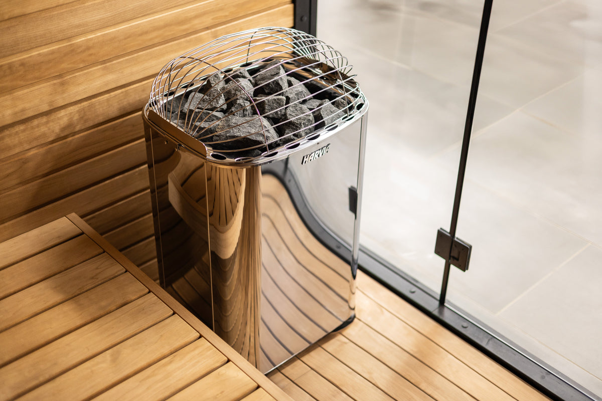 Harvia Club Series sauna heater, quarter angle, indoor