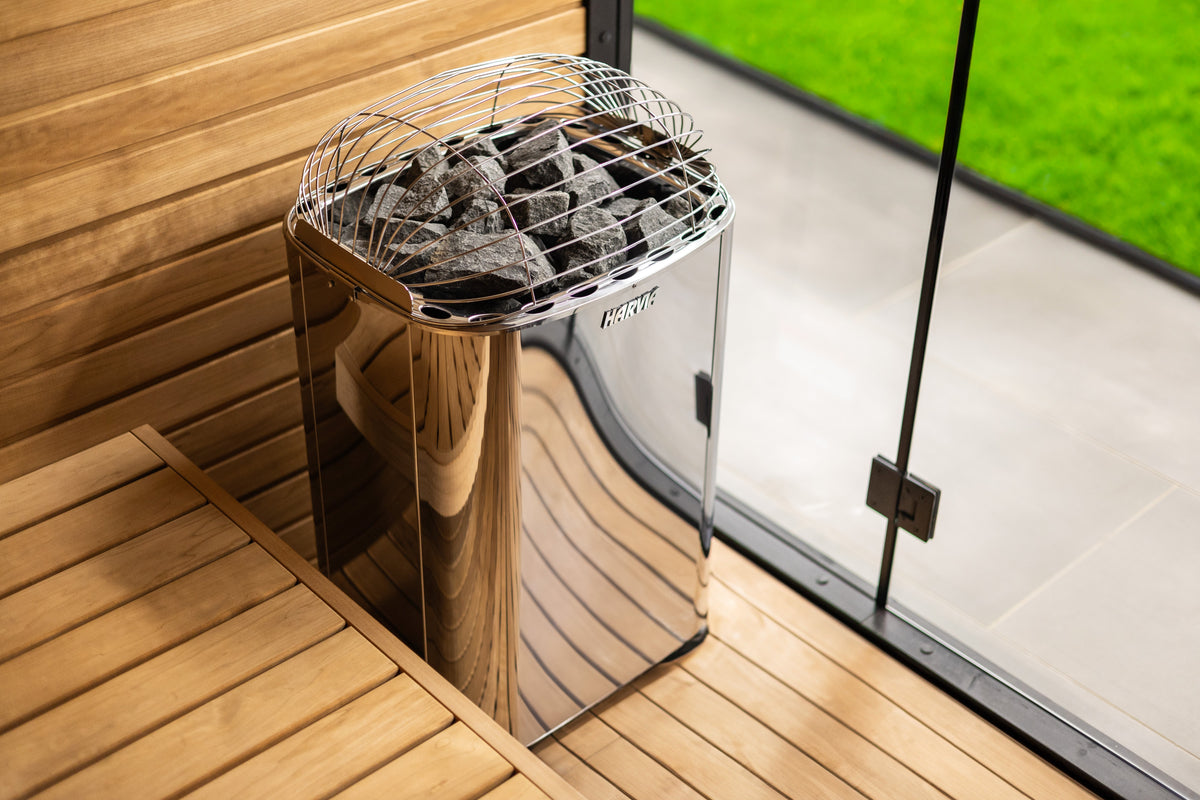 Harvia Club Series sauna heater, quarter angle, outdoor