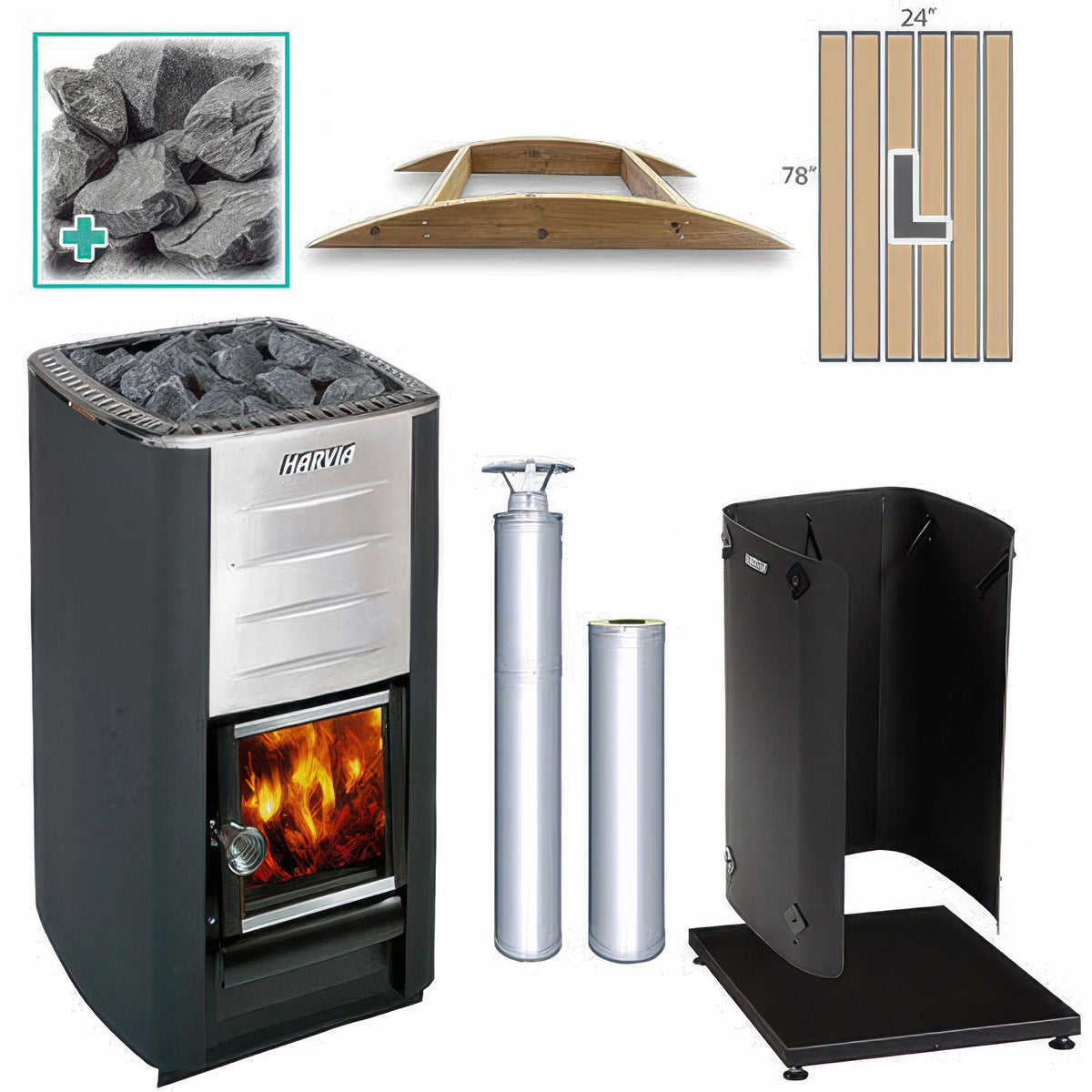 Harvia M3 SS LG FLK Pkg - Wood-Burning Sauna Stove Package, 16.5kW