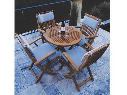 Sailor 5-Piece Teak Patio Dining Set with 29-Inch Round Folding Table And Sunbrella Canvas Granite Cushions