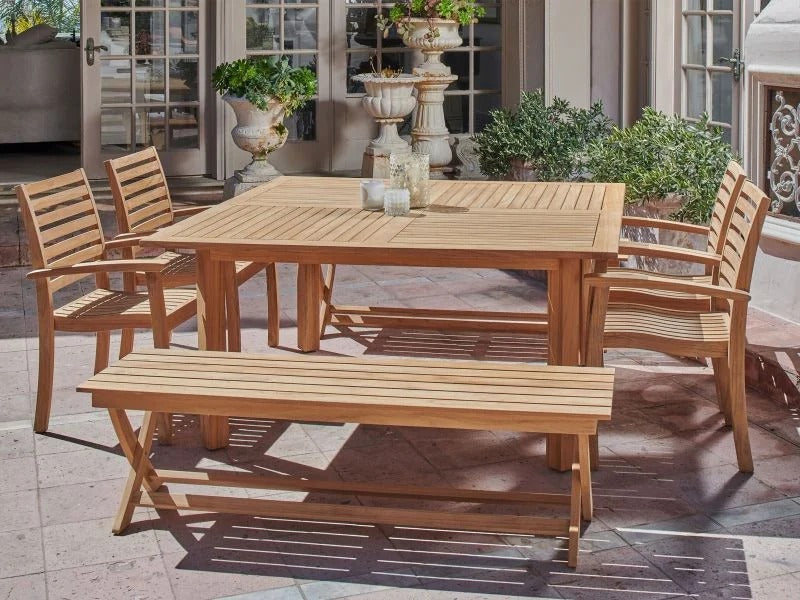 Hamilton 7-Piece 62-Inch Square Teak Outdoor Dining Set with Picnic Benches and Stacking Armchairs