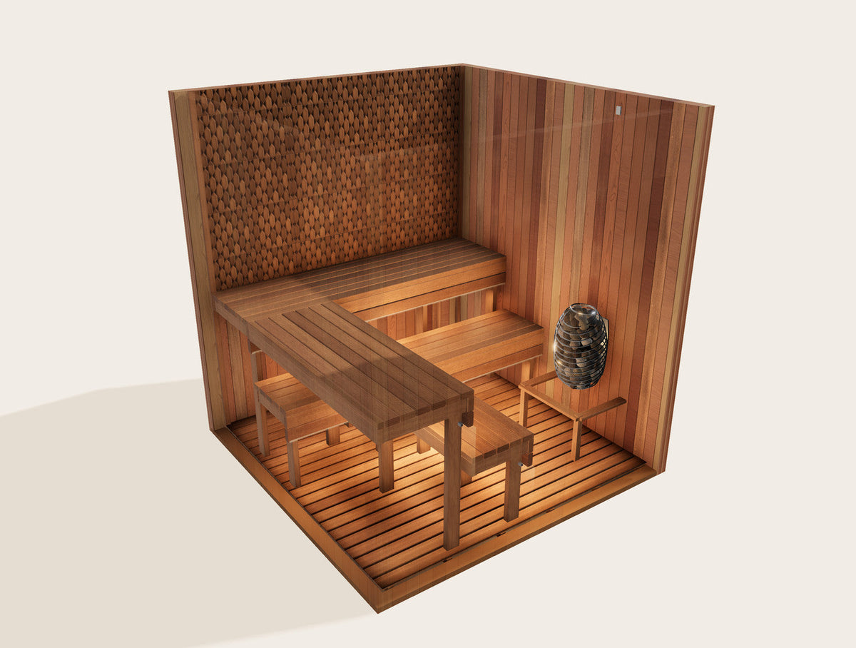 3D preview from the Sauna Builder: a 7 by 7 foot room with Thermo-Aspen benches, a Harvia Cilindro heater and a Solid Douglas Fir glass door