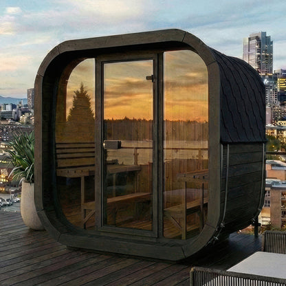 SaunaLife Model CL7GB Cube Luxury Series Outdoor Home Sauna Kit installed on a patio