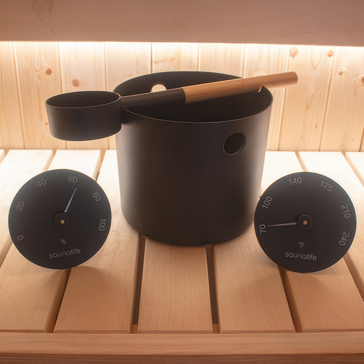 SaunaLife Essentials Set 5 - Aluminum Sauna Bucket and Ladle Set w/ Black Thermometer and Hygrometer