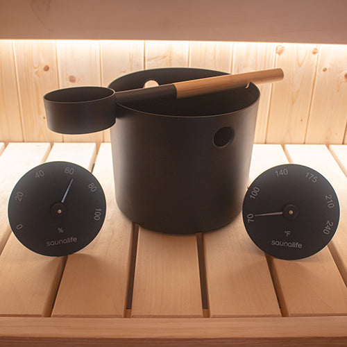 SaunaLife Essentials Set 5 - Aluminum Sauna Bucket and Ladle Set w/ Black Thermometer and Hygrometer
