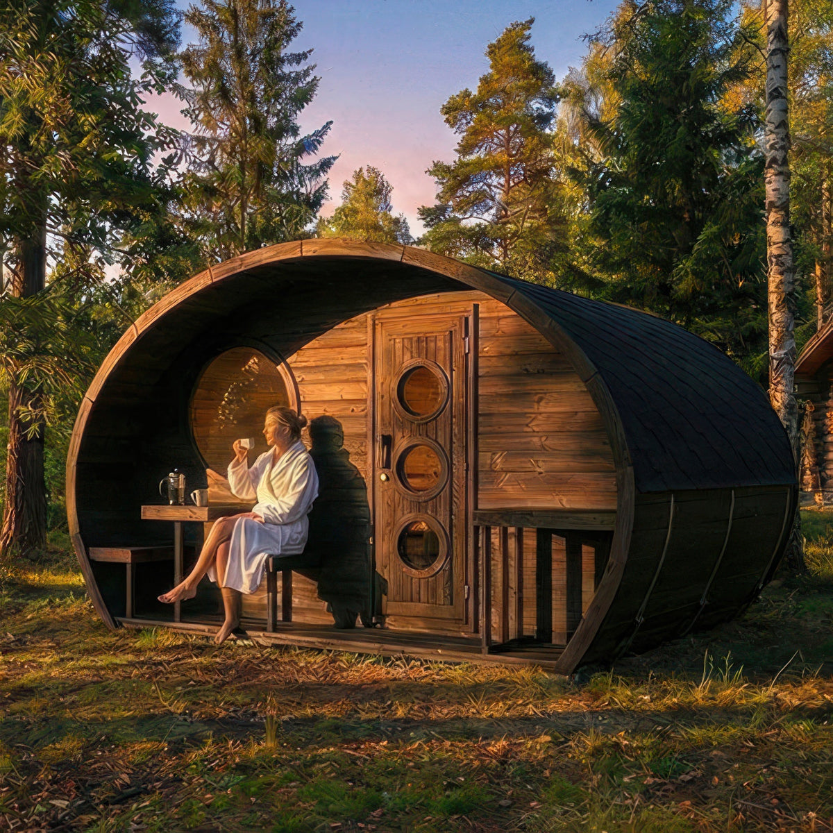 SaunaLife Model G11B Garden Series Outdoor Home Sauna Suite Kit set up in a backyard