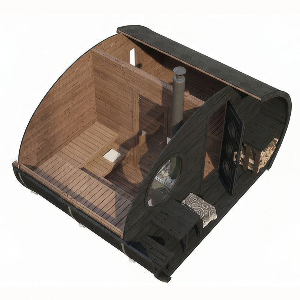 Cutaway view showing the interior of the SaunaLife Model G11B Garden Series Outdoor Home Sauna Suite Kit
