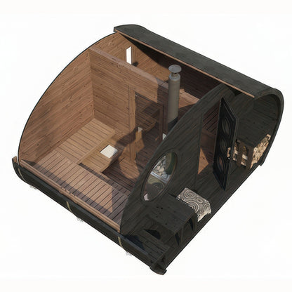 Cutaway view showing the interior of the SaunaLife Model G11B Garden Series Outdoor Home Sauna Suite Kit