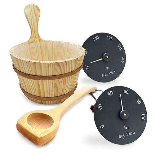 SaunaLife Essentials Set 3 - Wood Sauna Bucket and Ladle Set w/ Black Thermometer and Hygrometer